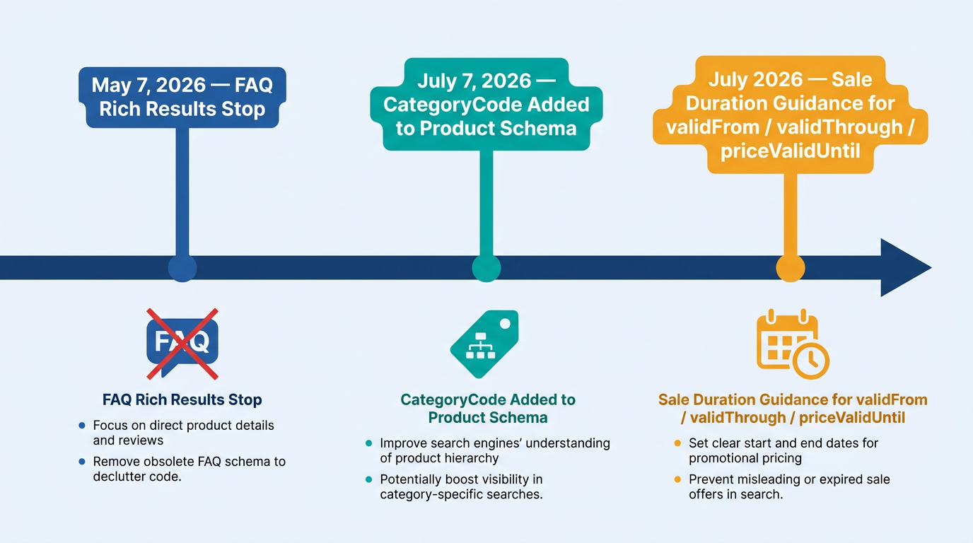 Merchant listing structured data 2026 timeline showing FAQ deprecation, CategoryCode, and sale duration schema milestones