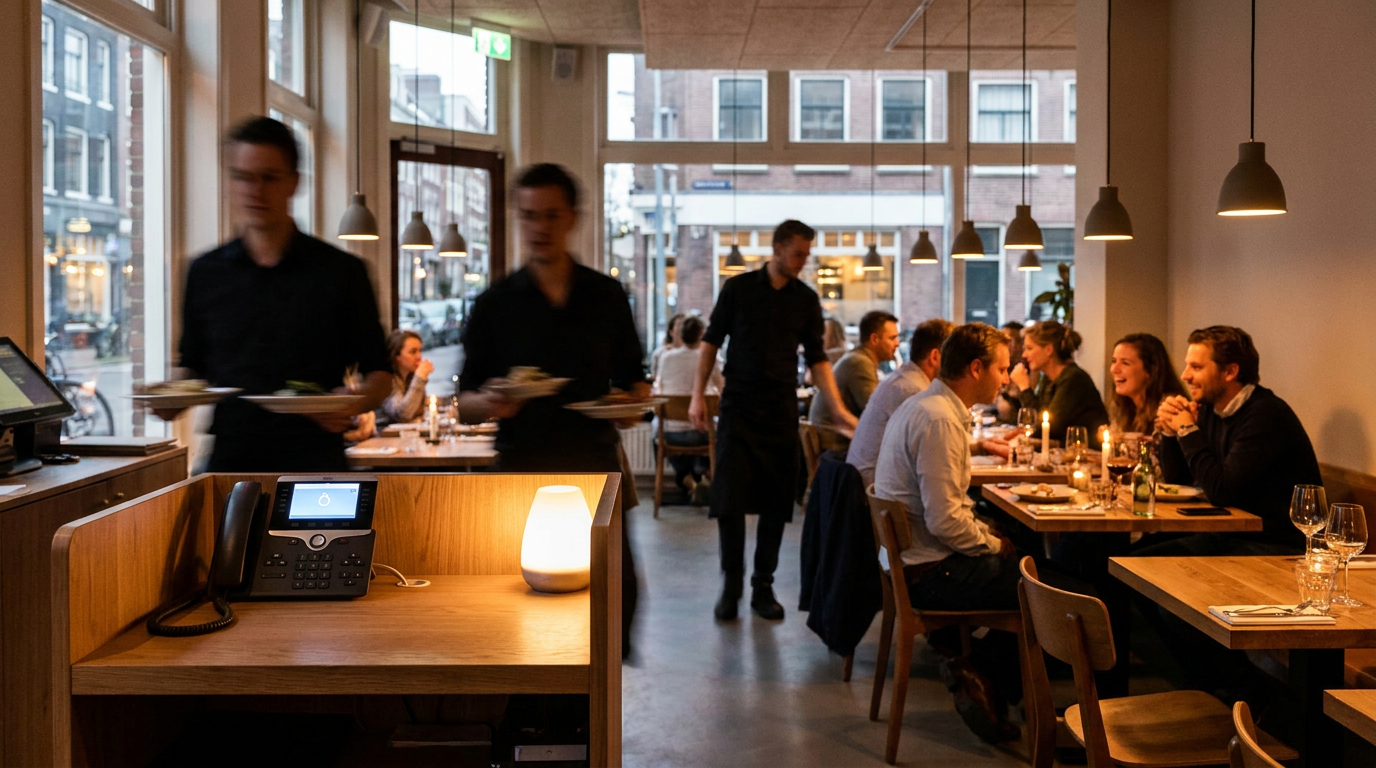 Leeg gastvrouwstation met een rinkelende telefoon in een druk restaurant tijdens de avondservice