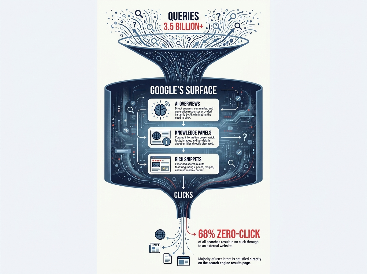 Infographic showing google search usage record queries versus outbound clicks funnel