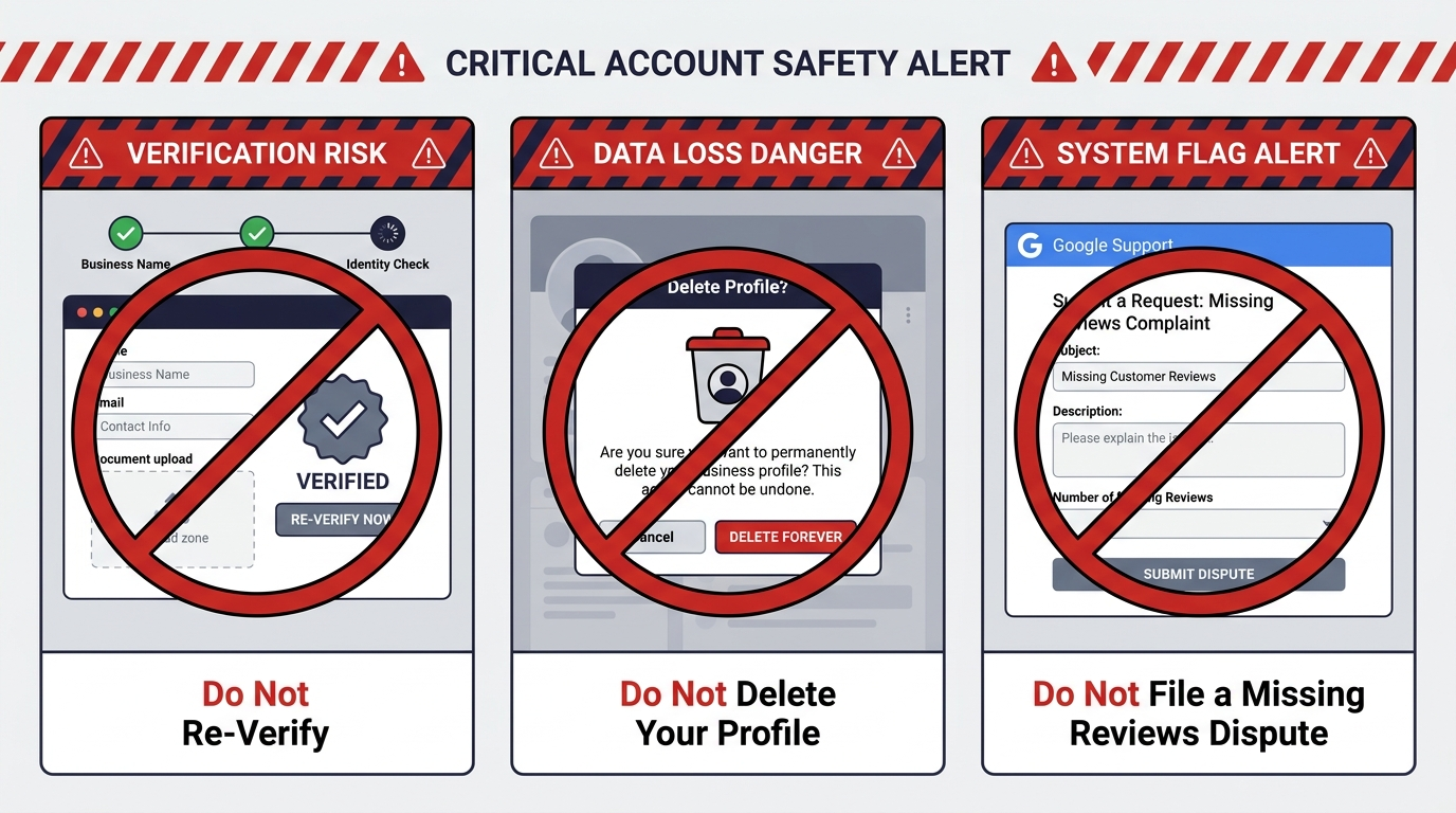 Infographic showing three actions to avoid during Google Business Profile no reviews yet bug