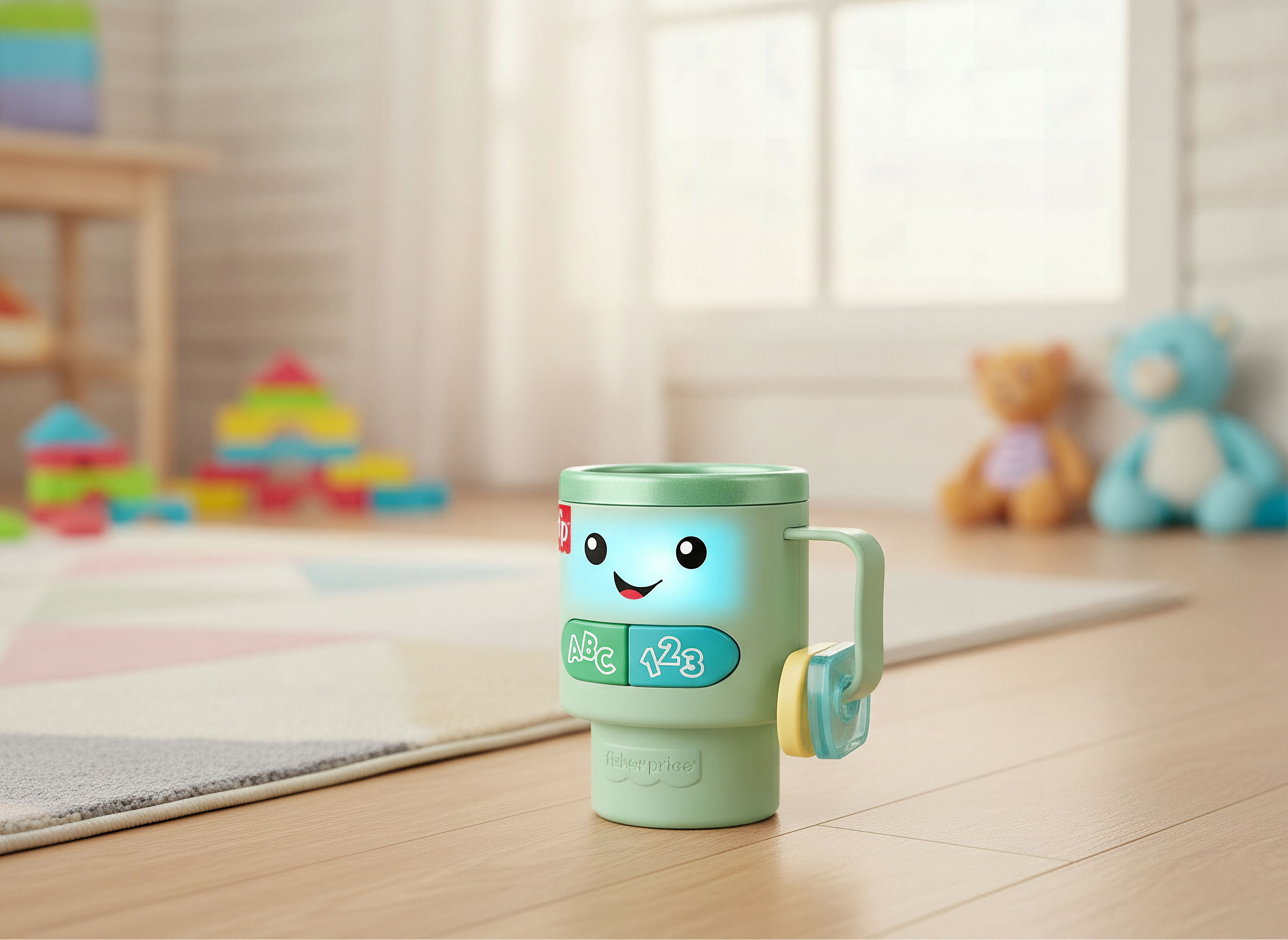 Close-up of the Laugh & Learn cup toy showing colorful interactive buttons and learning features in sharp detail