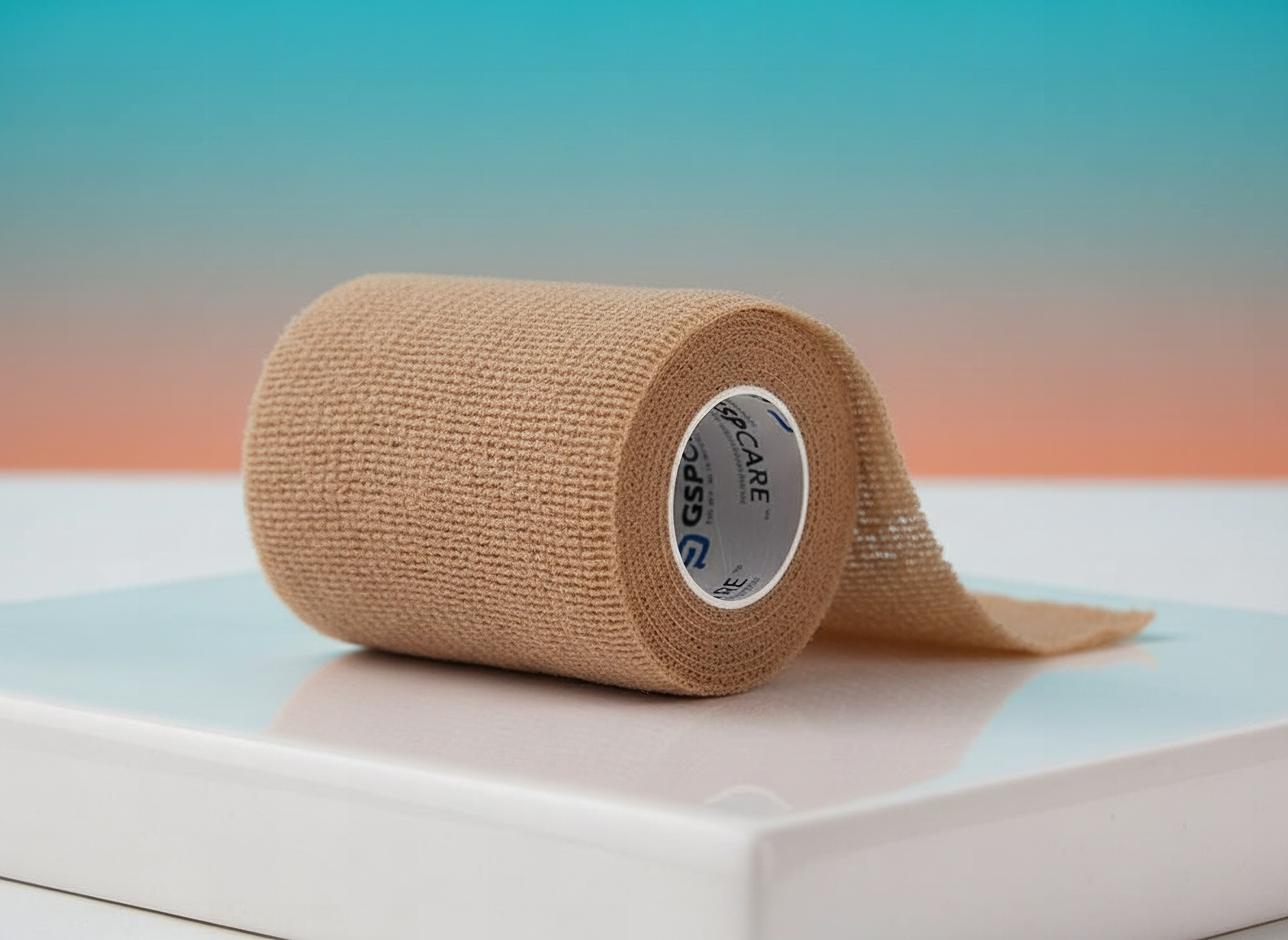 Close-up of cohesive wrap bandage roll showing breathable non-woven texture with shallow focus