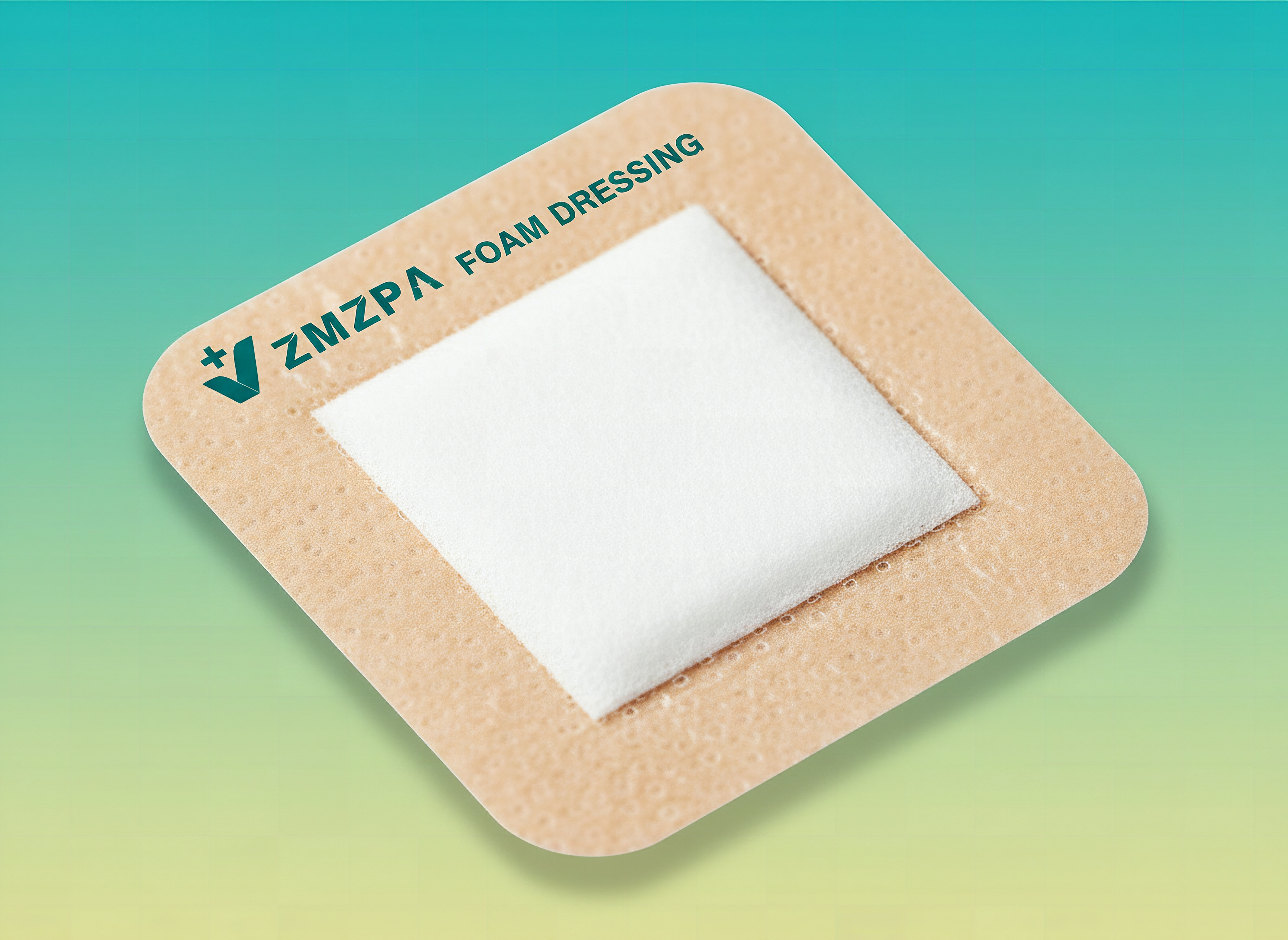 Macro close-up of a silicone foam wound dressing pad showing its absorbent foam core and adhesive border