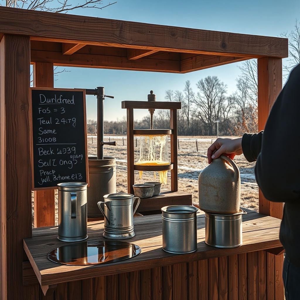 Bett's plywood cider stand at the lip of the orchard, cold bright morning, the press dripping out back