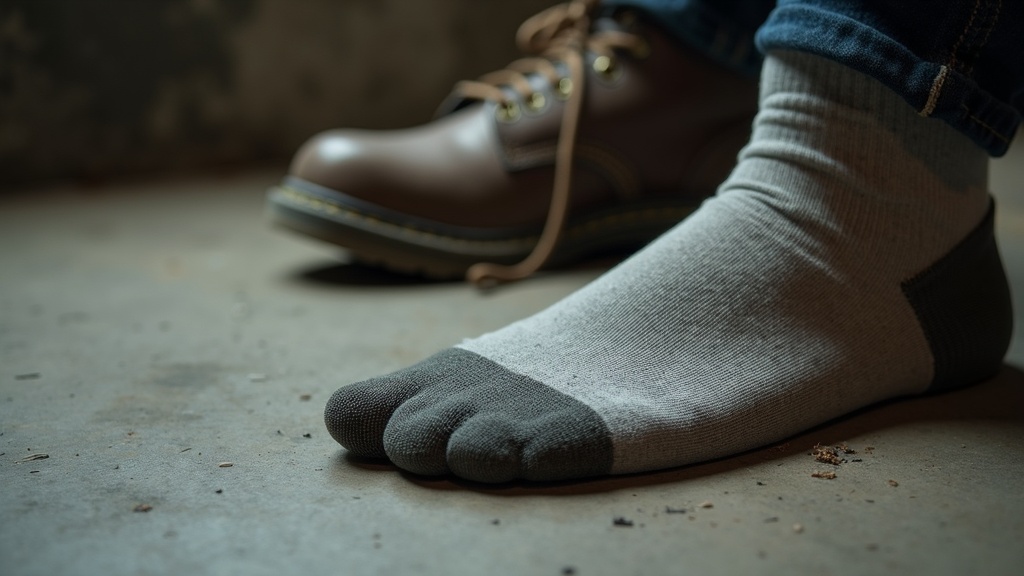 Worn-through budget work socks showing failure at heel and toe