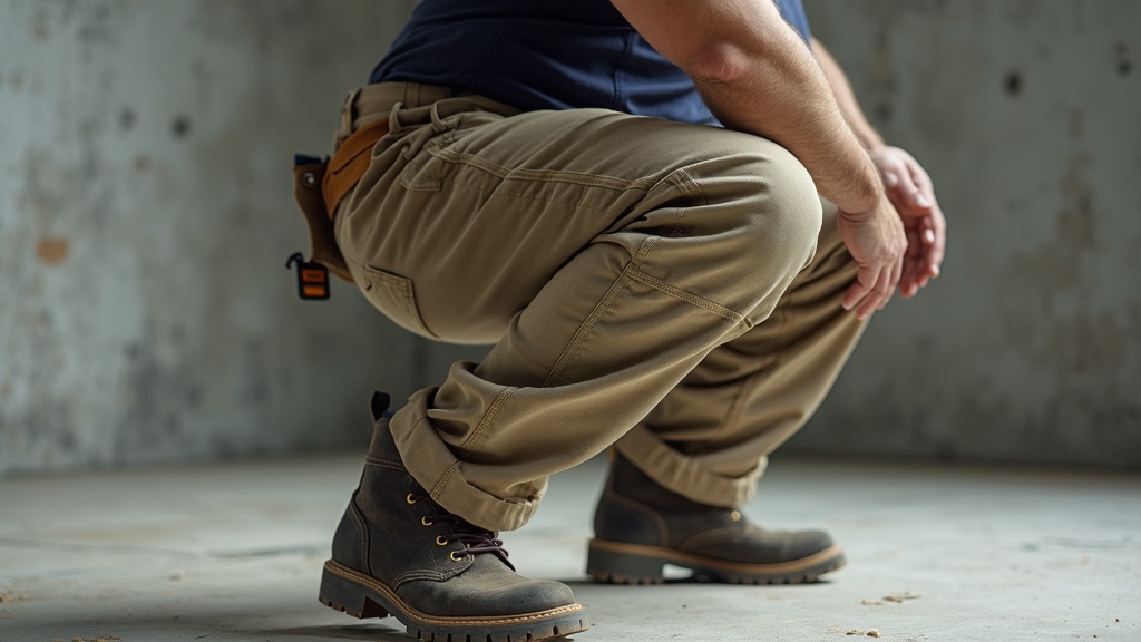Trabajador probando el rango de movimiento de sus pantalones de trabajo talla extra grande