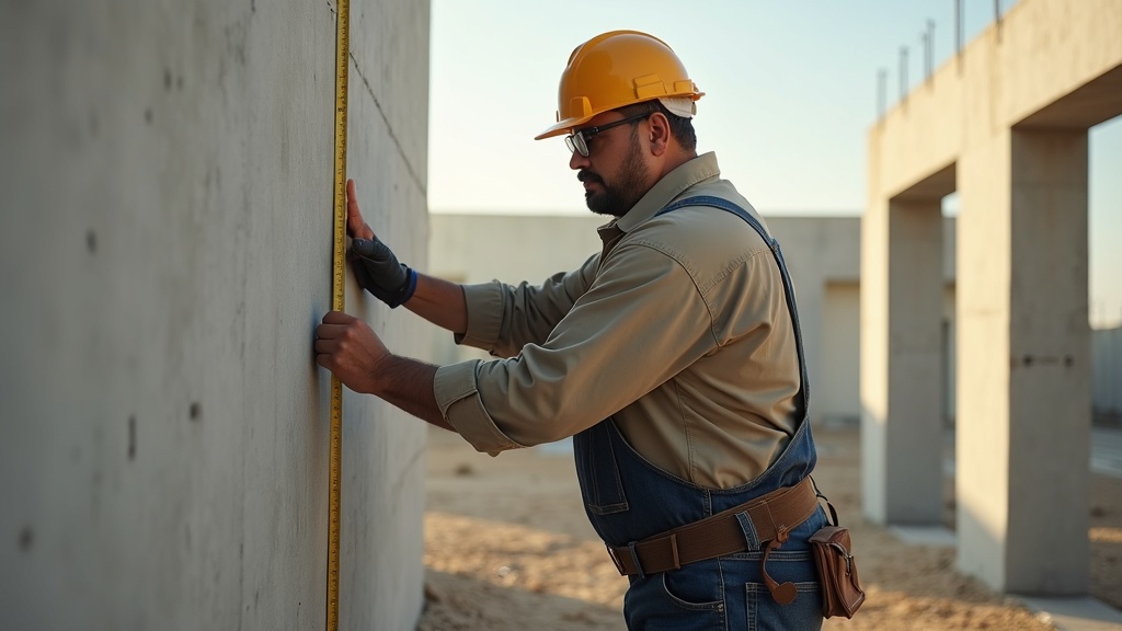 Trabajador de construcción corpulento midiendo una pared con ropa de trabajo en talla extra grande