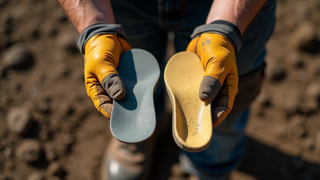 Construction worker comparing firm orthotic and soft foam insole on a job site
