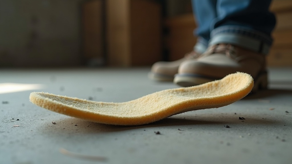Worn-out soft foam insole from a work boot showing compression