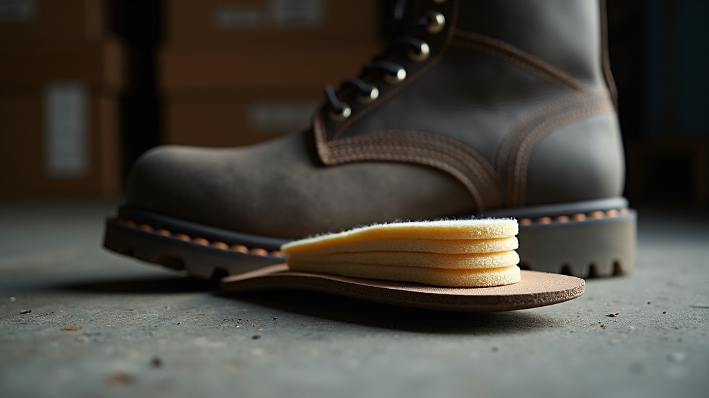 Steel-toe boot with arch support insole being removed to show contour