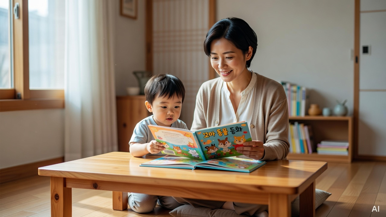 Korean woman in her 30s, short black hair, reading a picture book with a toddler at a low wooden table
