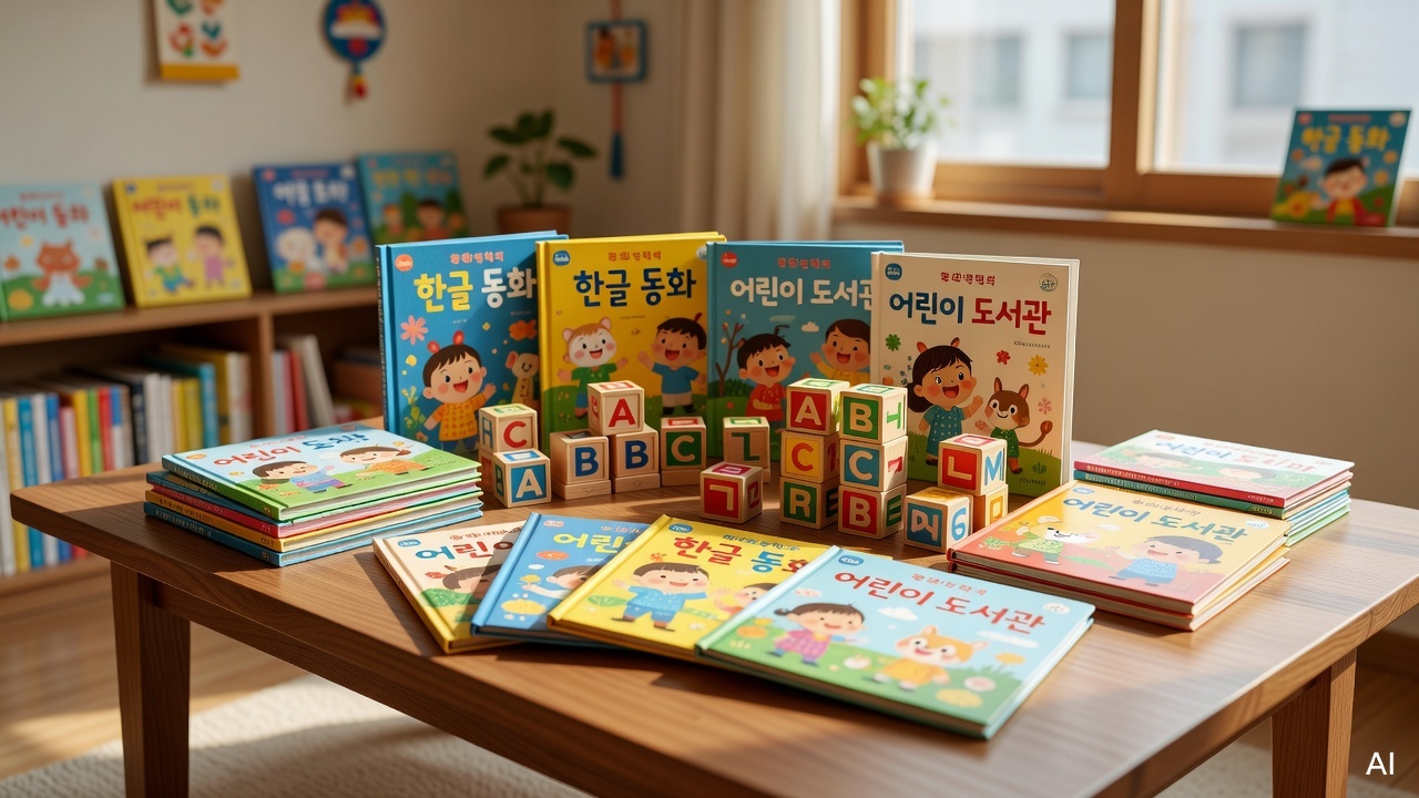 colorful children's picture books and alphabet blocks arranged on a wooden table