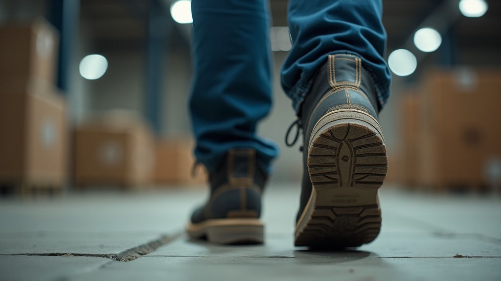 Boot heel wear pattern on a warehouse worker showing neutral gait