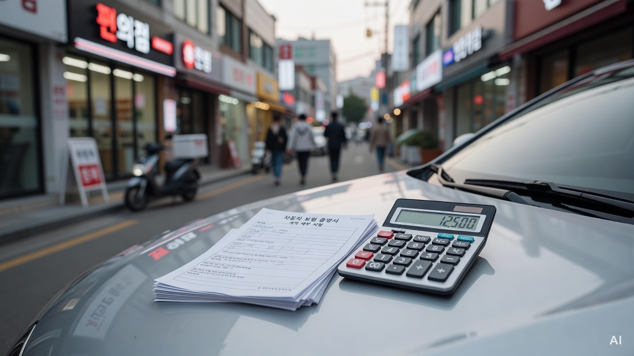 car insurance documents and a calculator placed on a car hood