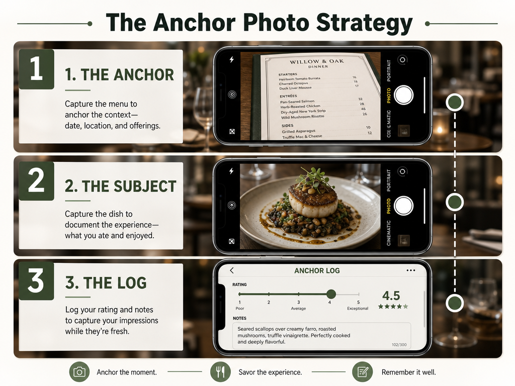 A three-step diagram showing the Anchor Photo technique: capturing the menu, then the dish, and finally logging the details into a mobile app.