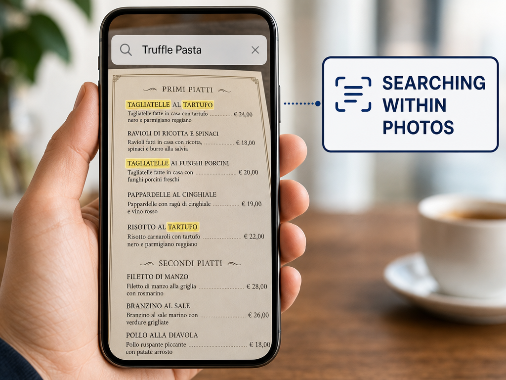 A smartphone screen demonstrating OCR technology by searching for 'Truffle' within a photograph of a physical restaurant menu.