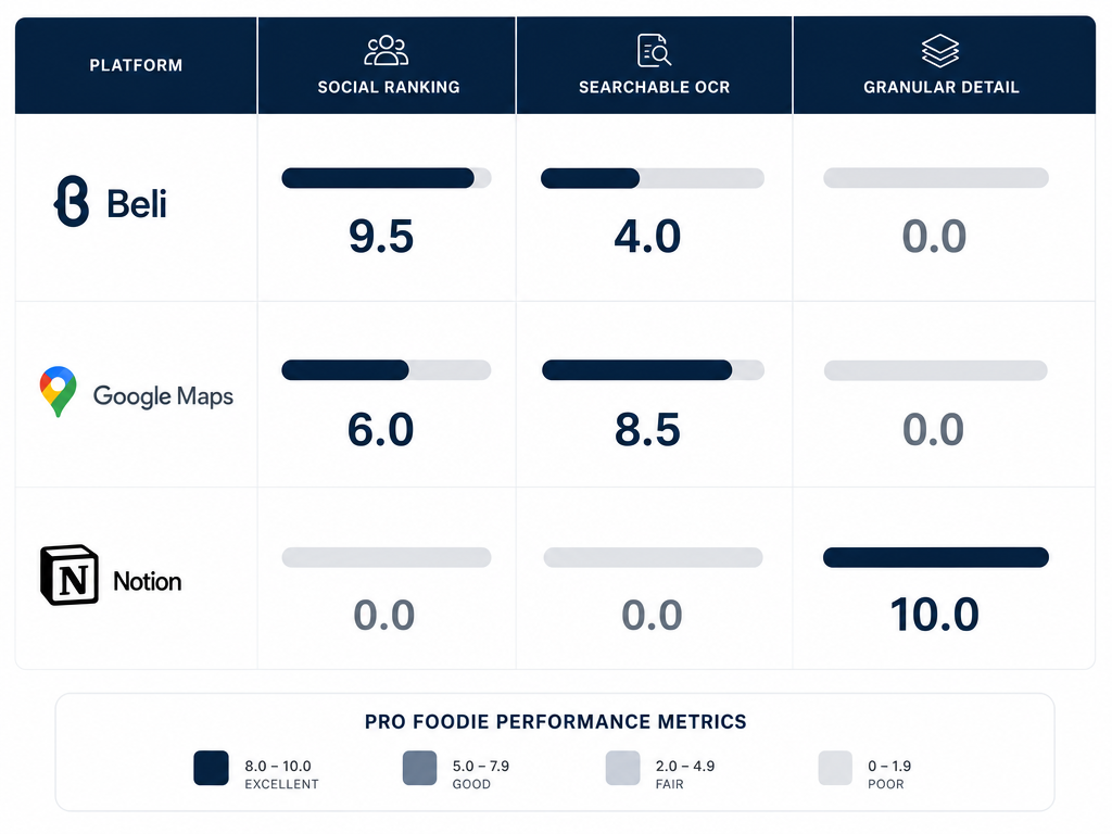 A comparison chart of Beli, Google Maps, and Notion based on social ranking, searchable OCR capabilities, and granular detail for foodies.