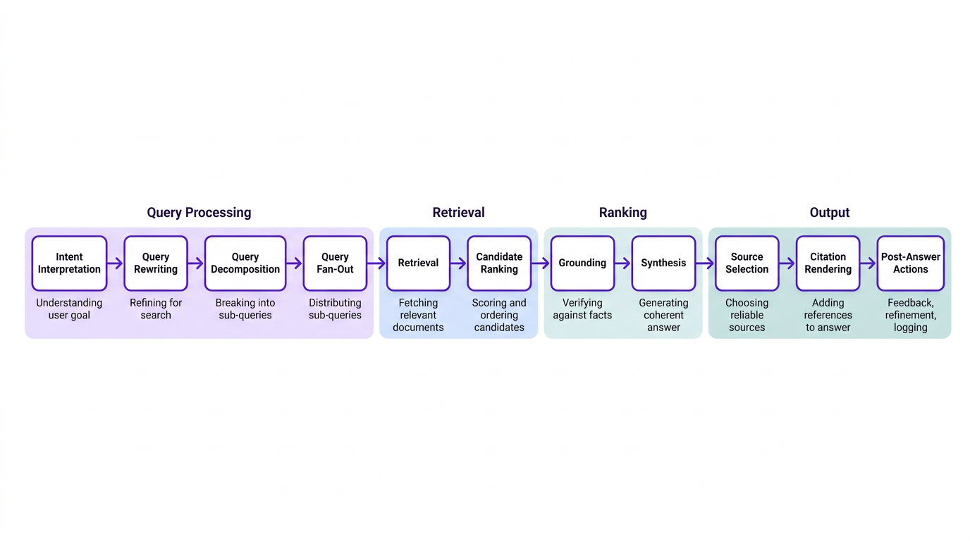 Sequential diagram of AI answer engine retrieval pipeline from intent to citation