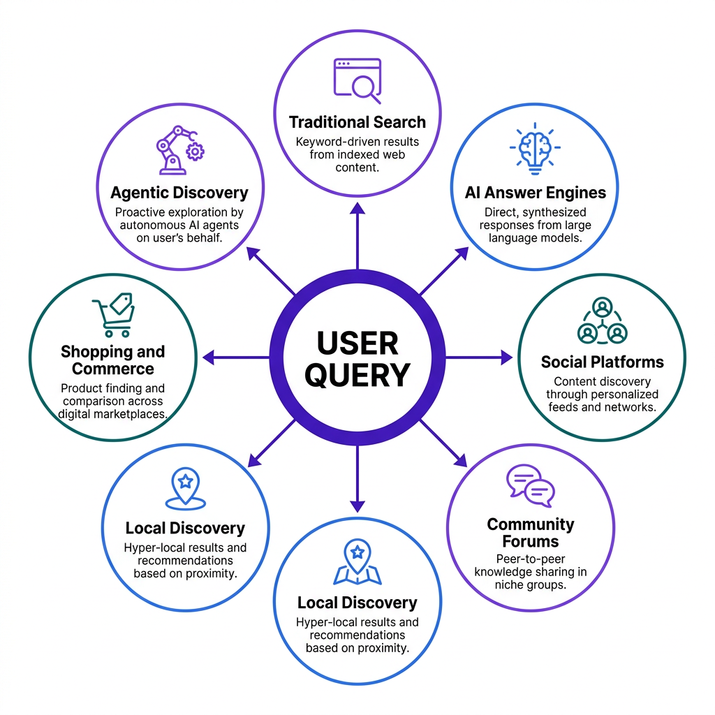 Radial infographic of modern discovery ecosystem surfaces beyond traditional search