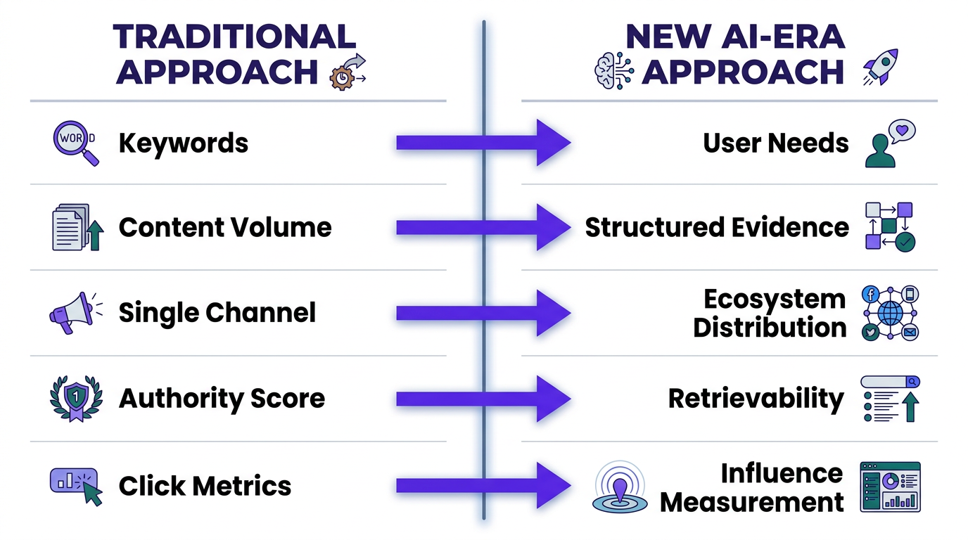 Infographic comparing five content strategy shifts for AI search visibility