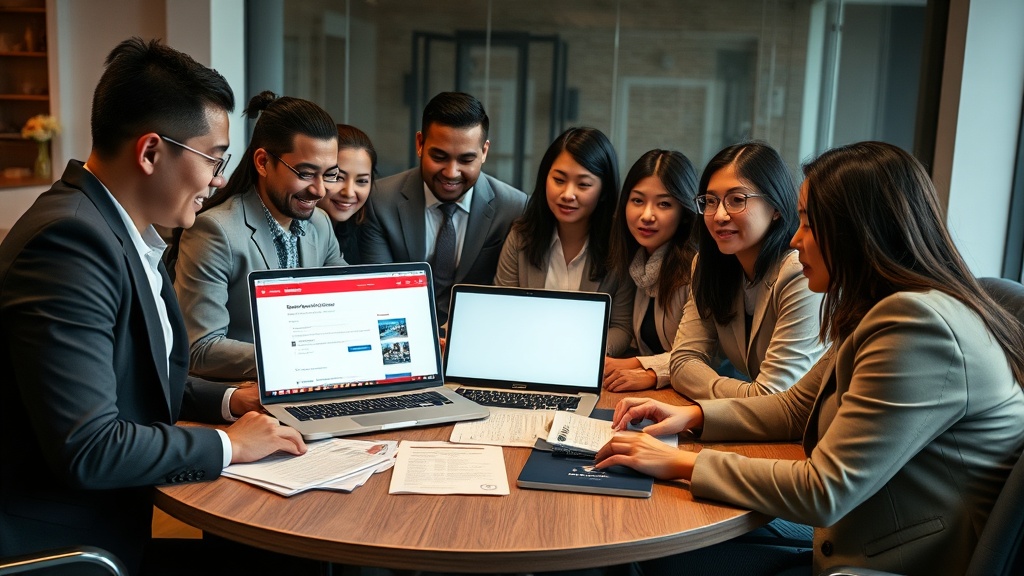 A photo capturing diverse, professional individuals gathered around a table with Canadian immigration documents and a laptop displaying the Express Entry portal. The environment should be styled as a modern, multicultural office space or community center.