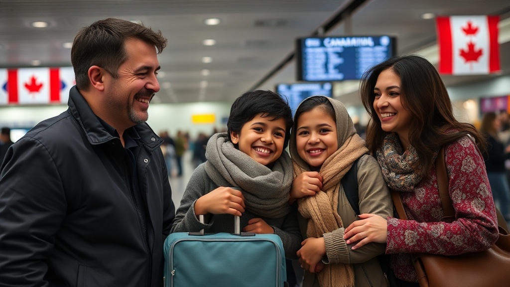 A Canadian family joyfully reuniting at an airport terminal, capturing reunion emotions, with a backdrop of Canadian and multicultural imagery symbolizing unity and diversity. High resolution, documentary style, no text.