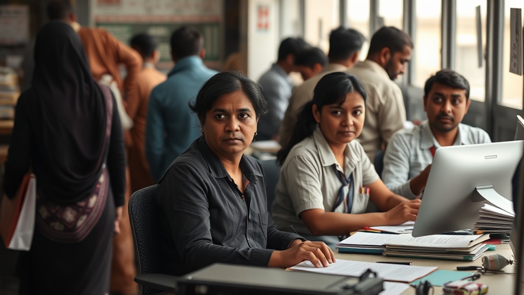 A documentary-style photo of an IRCC office in India, showing a few employees at work amidst a backdrop of applicants. The setting should reflect a busy office environment with signs of operational adjustments due to reduced staff.