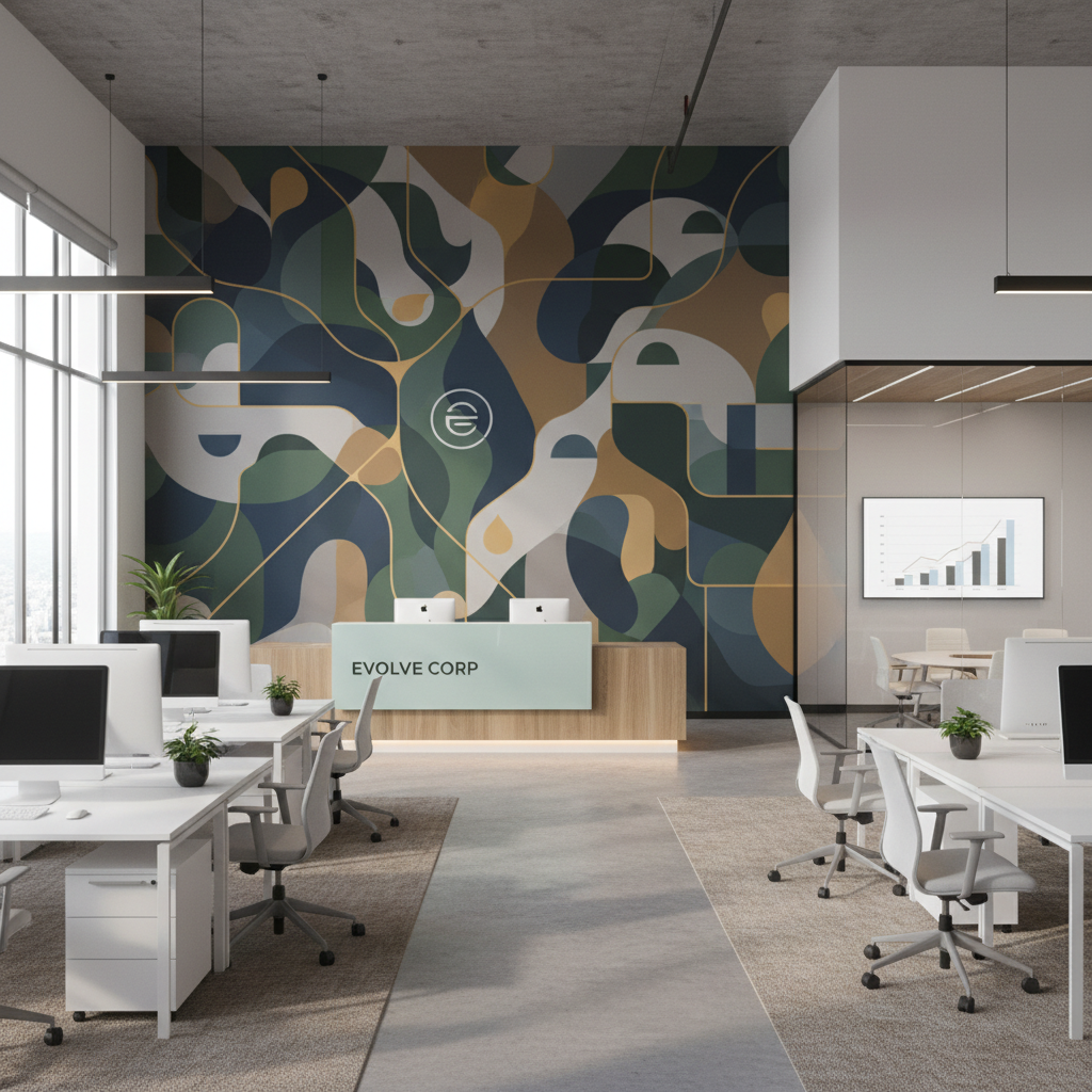 Modern office interior with large format wall graphic mural featuring abstract brand design in a professional workspace