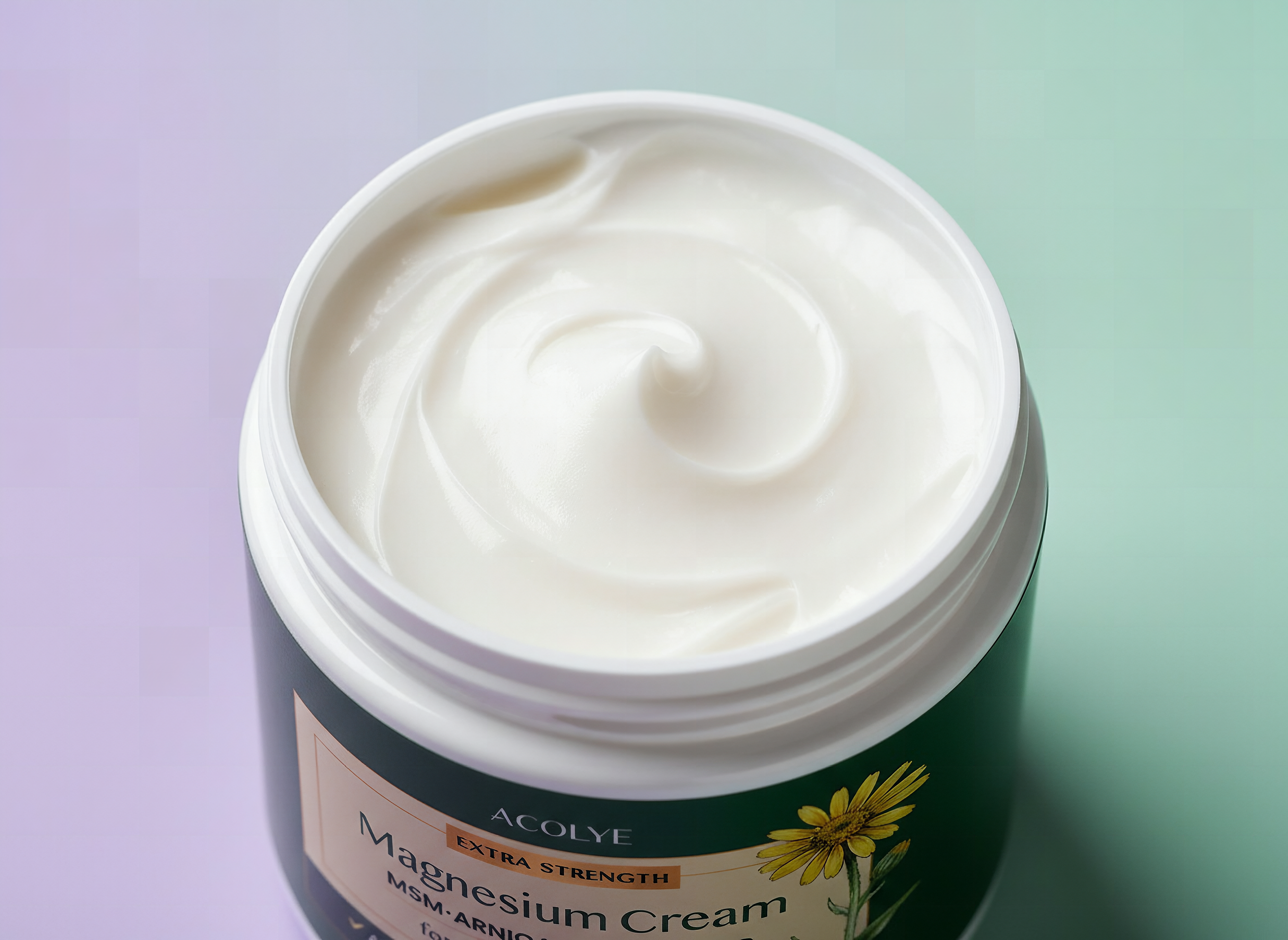 Extreme close-up of Total Relief Magnesium Cream jar with creamy texture visible in sharp detail