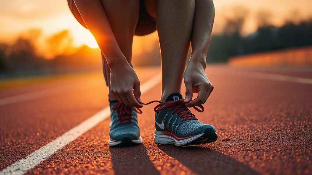 Determined athletic person tying running shoes at sunrise on a track, motivational mood, warm golden