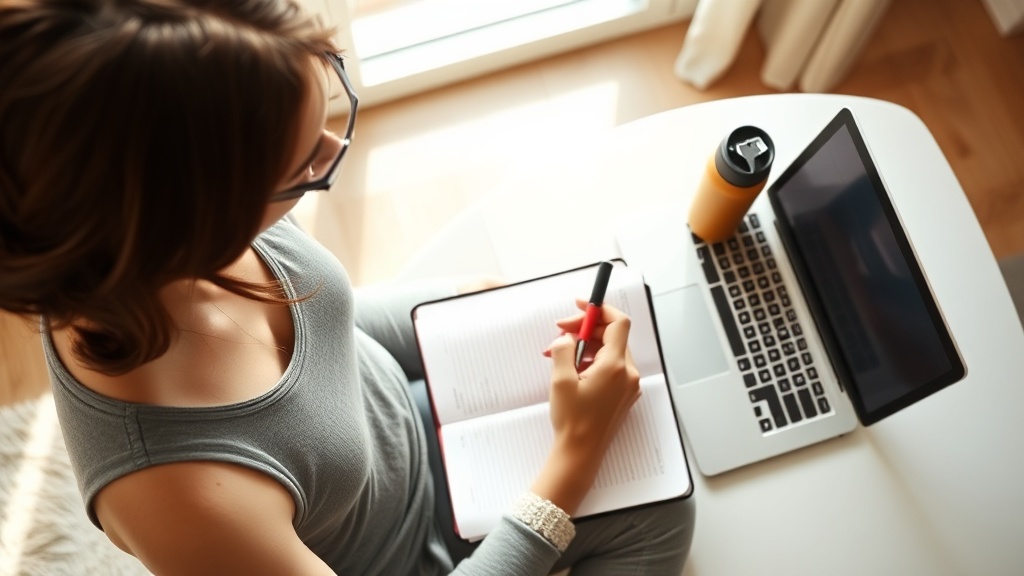Woman writing in a fitness journal next to a laptop and water bottle in a bright home setting, cozy 