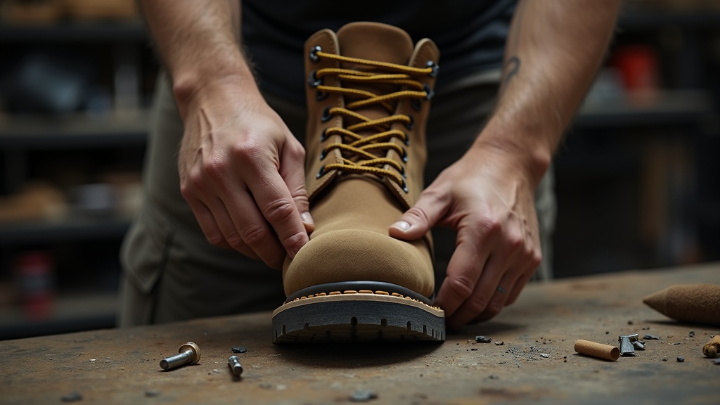 Comprobación manual del punto de flexión de una bota de trabajo antes de comprar