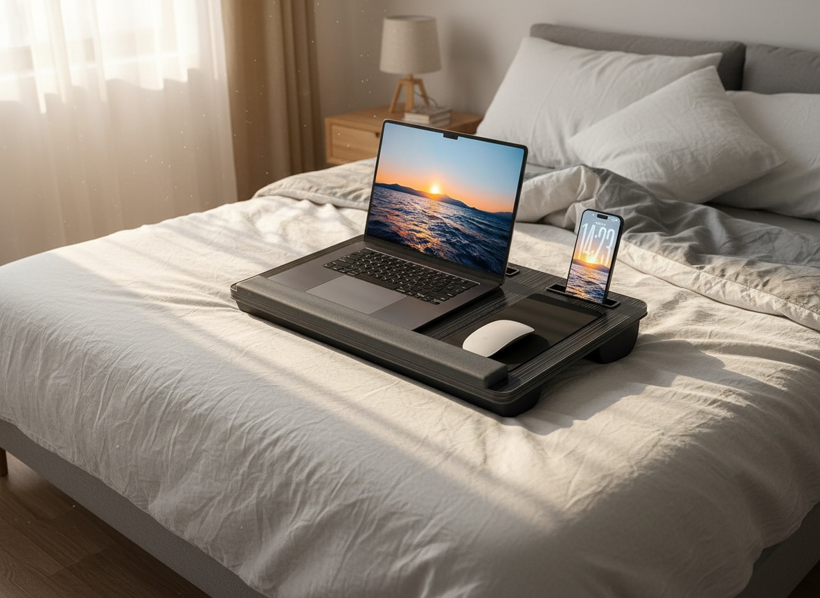 HETTHI lap desk set up on a bed with laptop, surrounded by bedroom furniture and natural light