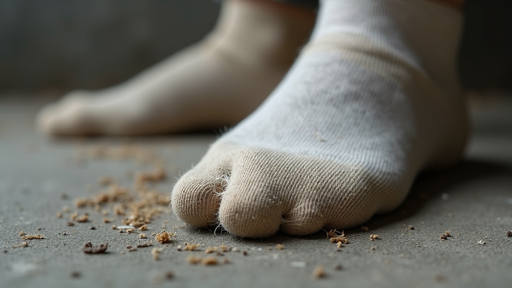 Agujero en calcetín de algodón por fricción con bota de trabajo