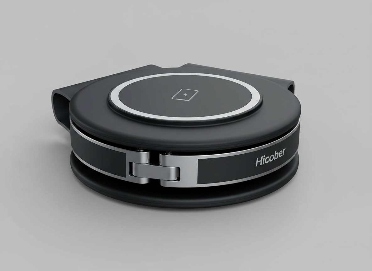 Close-up of folded HICOBER charging station showing compact design with metal hinges and coils in sharp focus