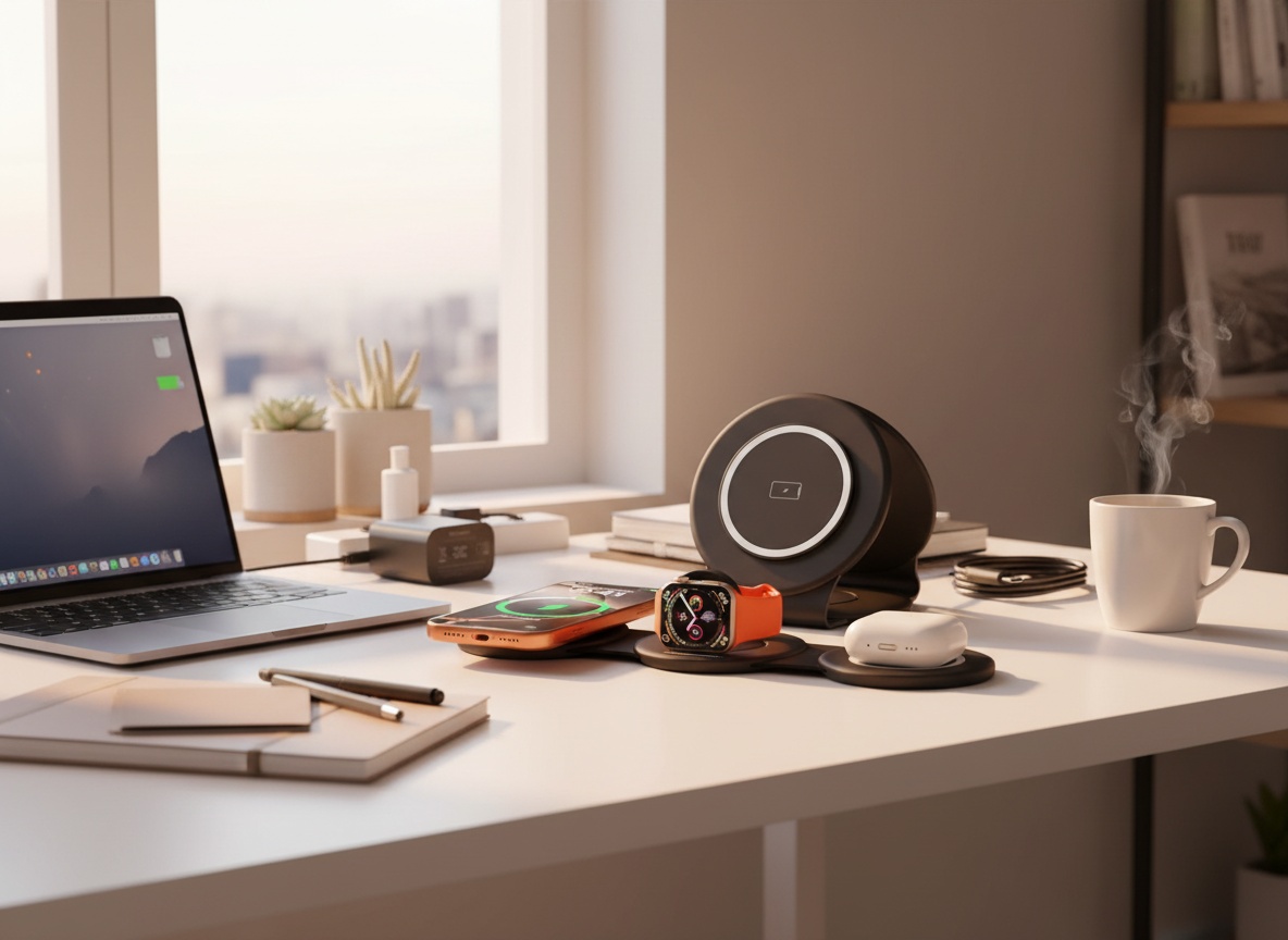 HICOBER charging station unfolded on office desk with iPhone, Apple Watch, and AirPods positioned for simultaneous charging