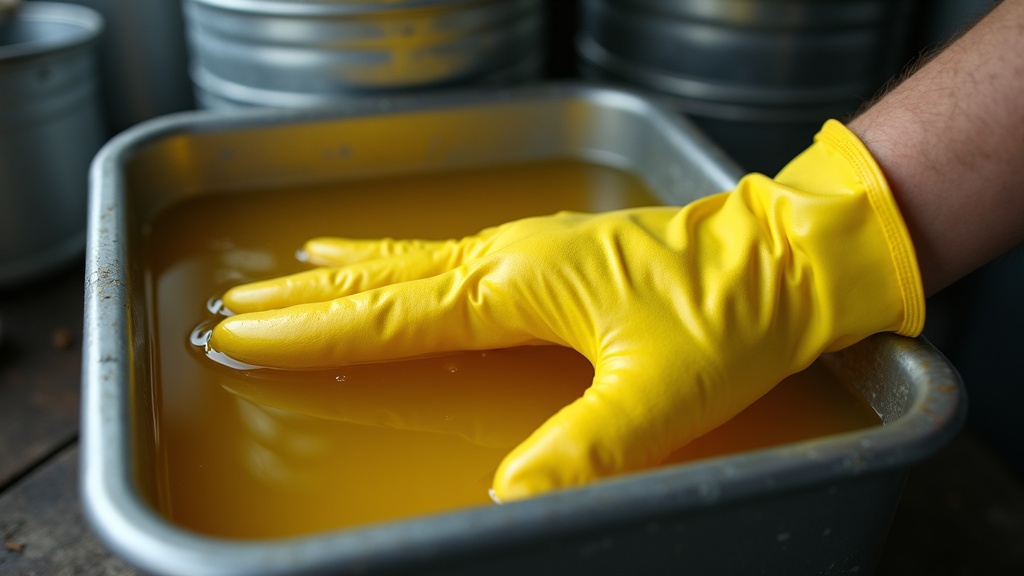 Guante de neopreno resistente a ácidos en contacto con producto de limpieza industrial