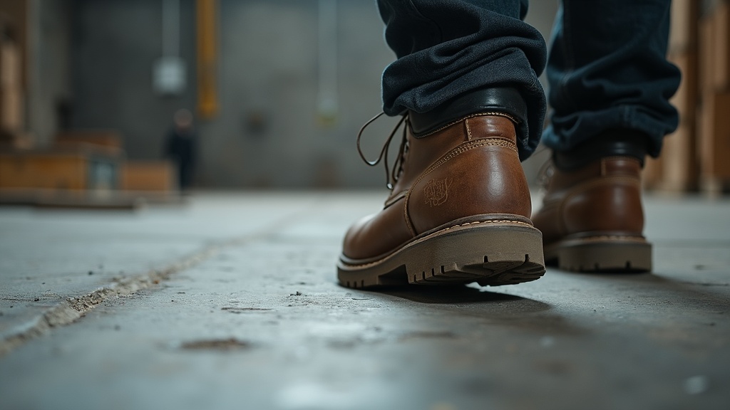 Worker's boot pressing on a concrete floor showing the hard impact surface