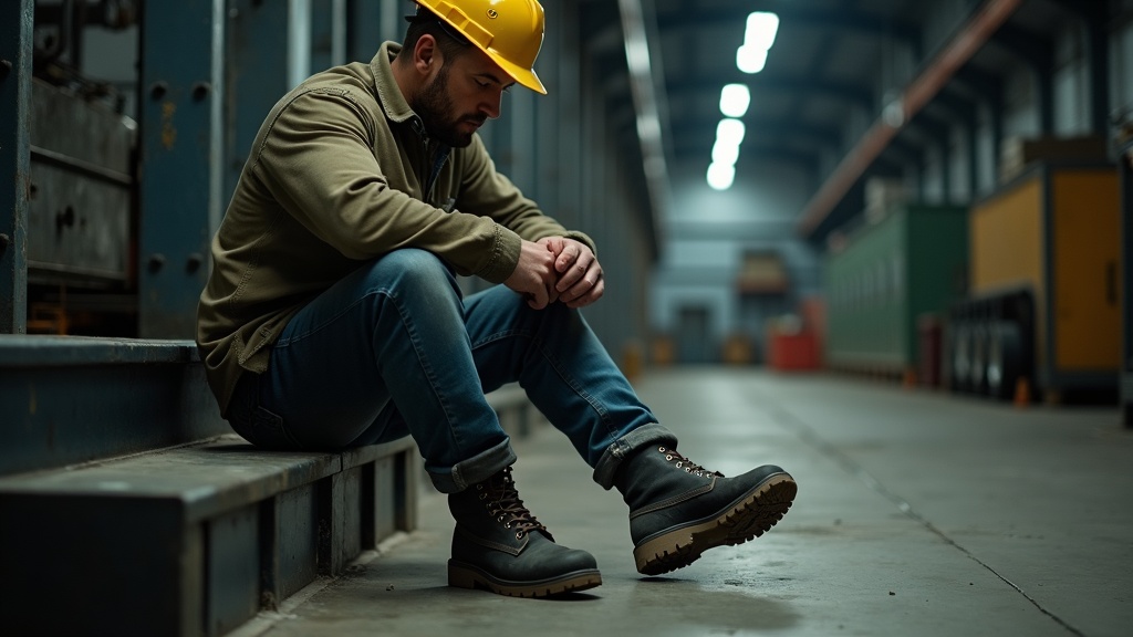 Factory worker rubbing heel pain during work break on concrete floor