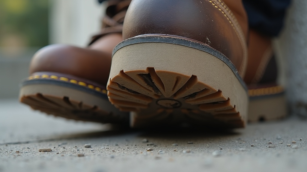 Worn work boot sole showing forefoot compression