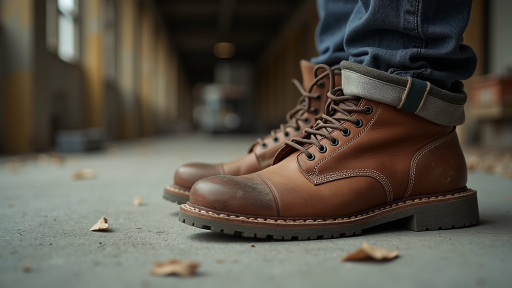 Work boot on a concrete jobsite floor for metatarsalgia relief