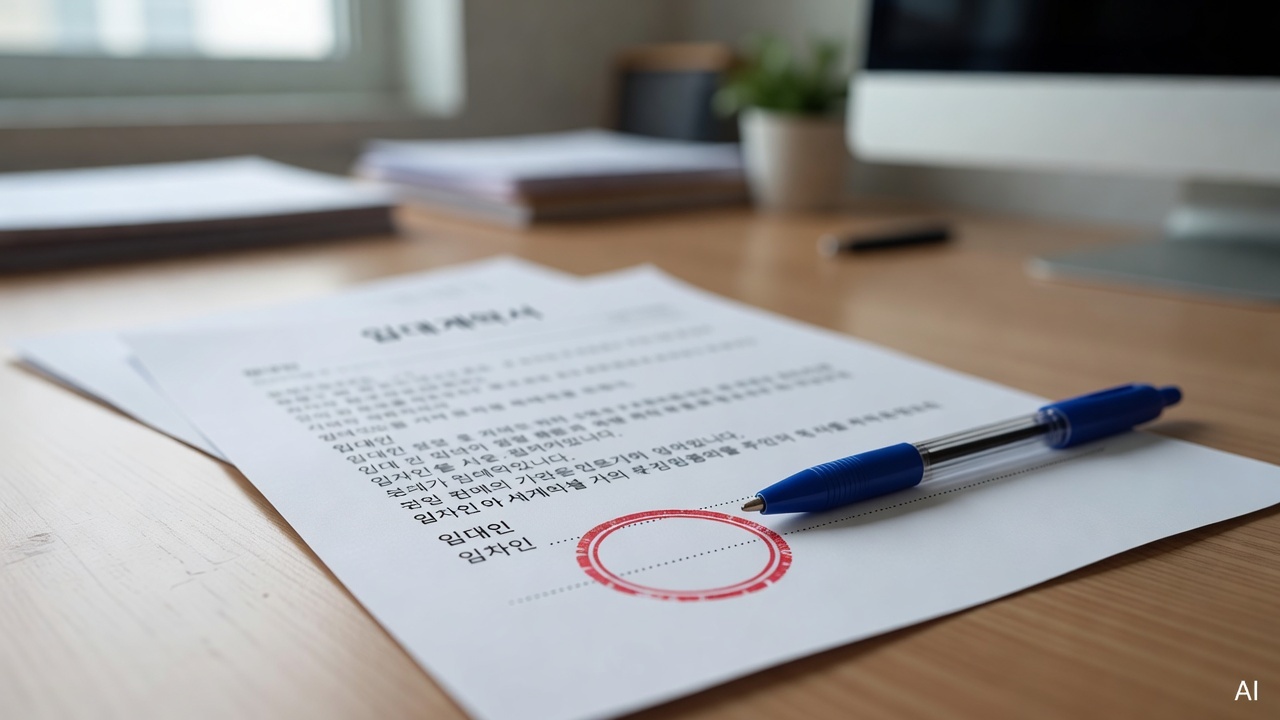 close-up of a rental contract document with a red stamp and ballpoint pen on a desk