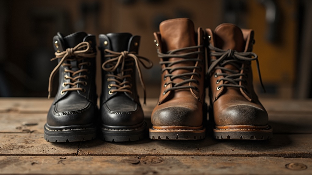 Lace-up ankle brace and steel-toed work boot side by side for comparison