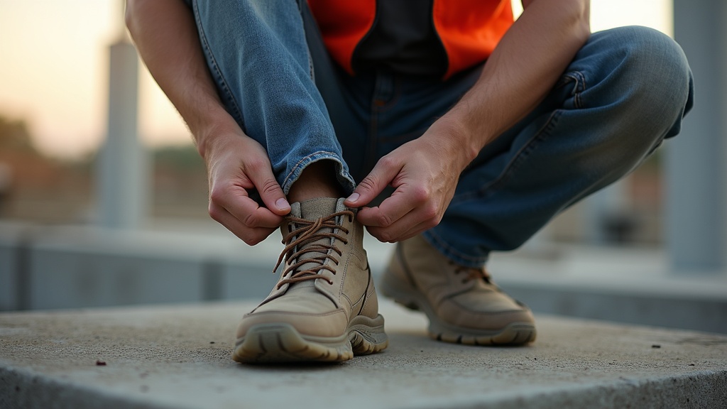 Worker examining swollen ankle on a construction site