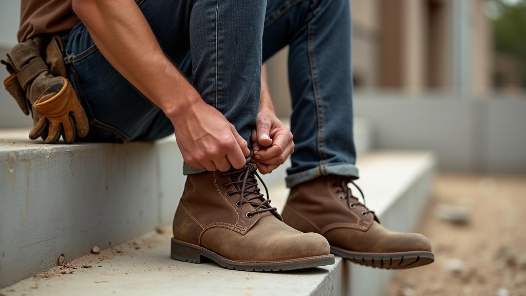 Worker checking his heel for blisters during a break on a construction site