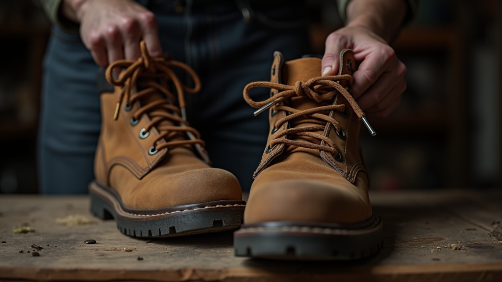 Worker lacing up new leather work boots before a shift