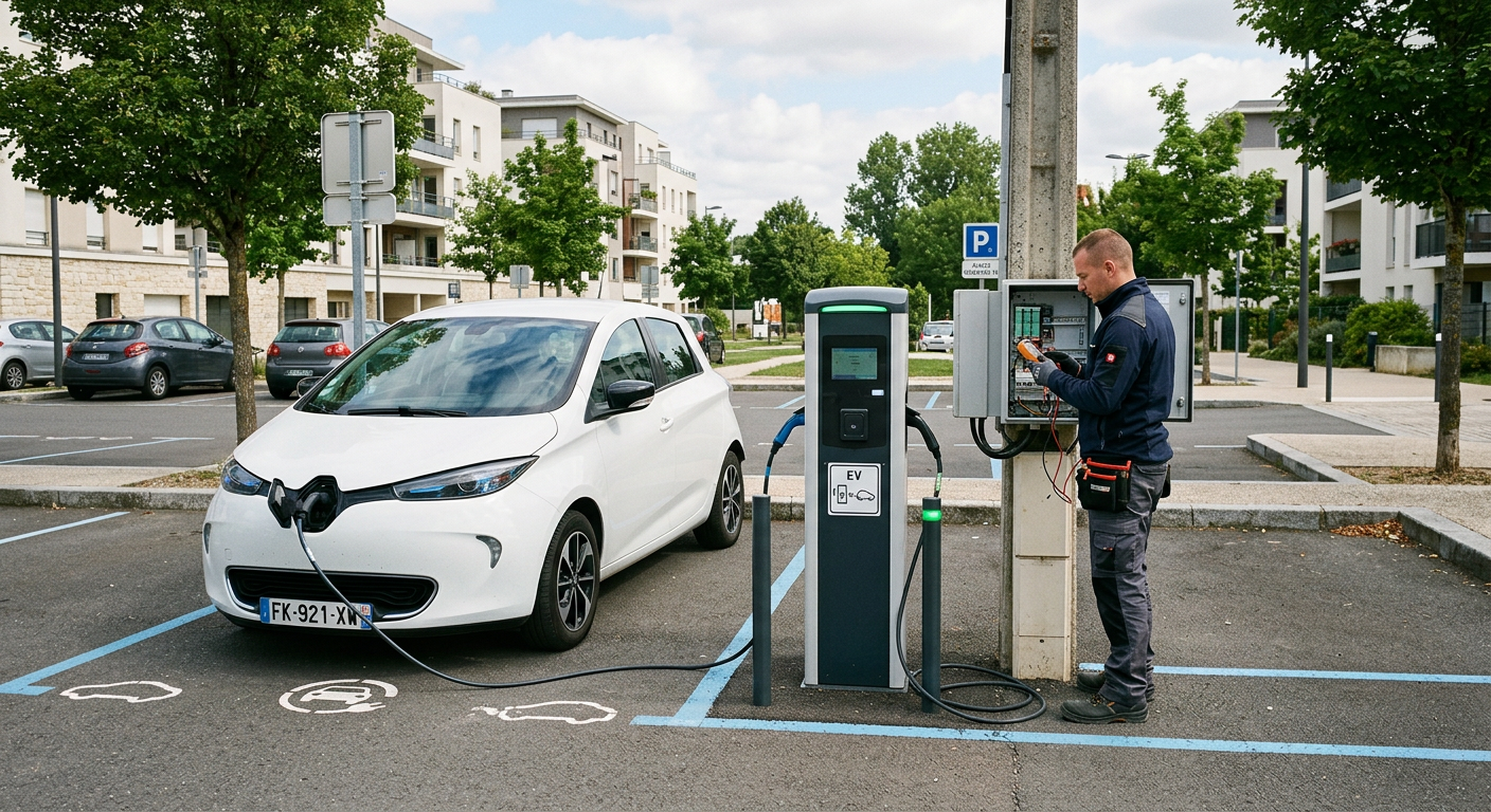 Borne de recharge électrique publique en fonctionnement avec une voiture électrique branchée et un installateur professionnel vérifiant un tableau électrique