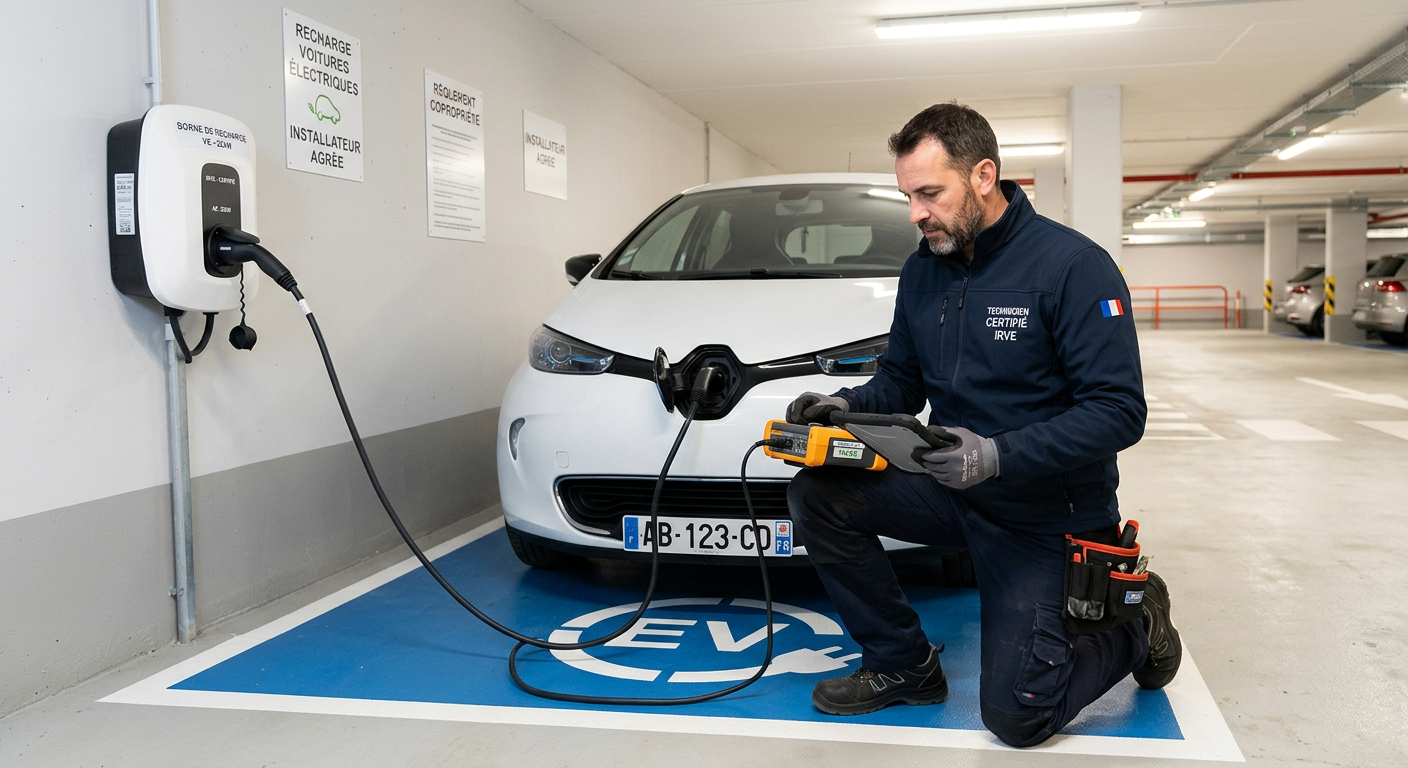 Installateur IRVE certifié vérifiant une borne de recharge électrique dans un parking de copropriété avec un véhicule électrique branché