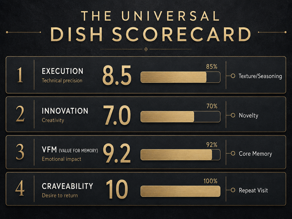 An infographic showing the 4-dimension rating framework for dishes: Execution, Innovation, VFM, and Craveability with numerical scores and bars.