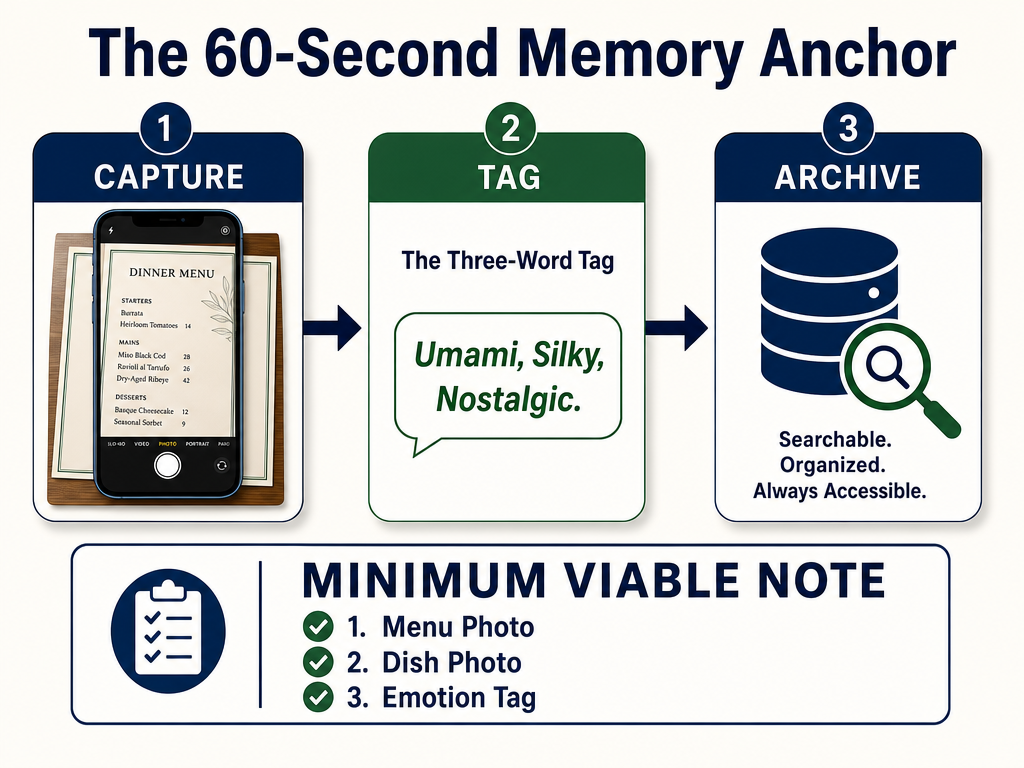 A process diagram illustrating the three steps of the Minimum Viable Note system: Capture, Tag, and Archive for remembering restaurant meals.